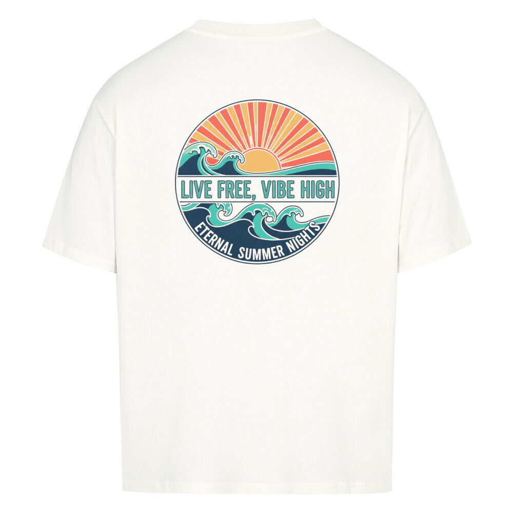 „Live Free, Vibe High Oversized T-Shirt mit Sunset Surf Design, lustiges Statement Shirt für Männer und Frauen, bequemes Freizeitshirt, Streetwear, Geschenkidee, VACANCY Shirt“