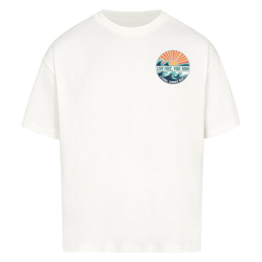 „Live Free, Vibe High Oversized T-Shirt mit Sunset Surf Design, lustiges Statement Shirt für Männer und Frauen, bequemes Freizeitshirt, Streetwear, Geschenkidee, VACANCY Shirt“